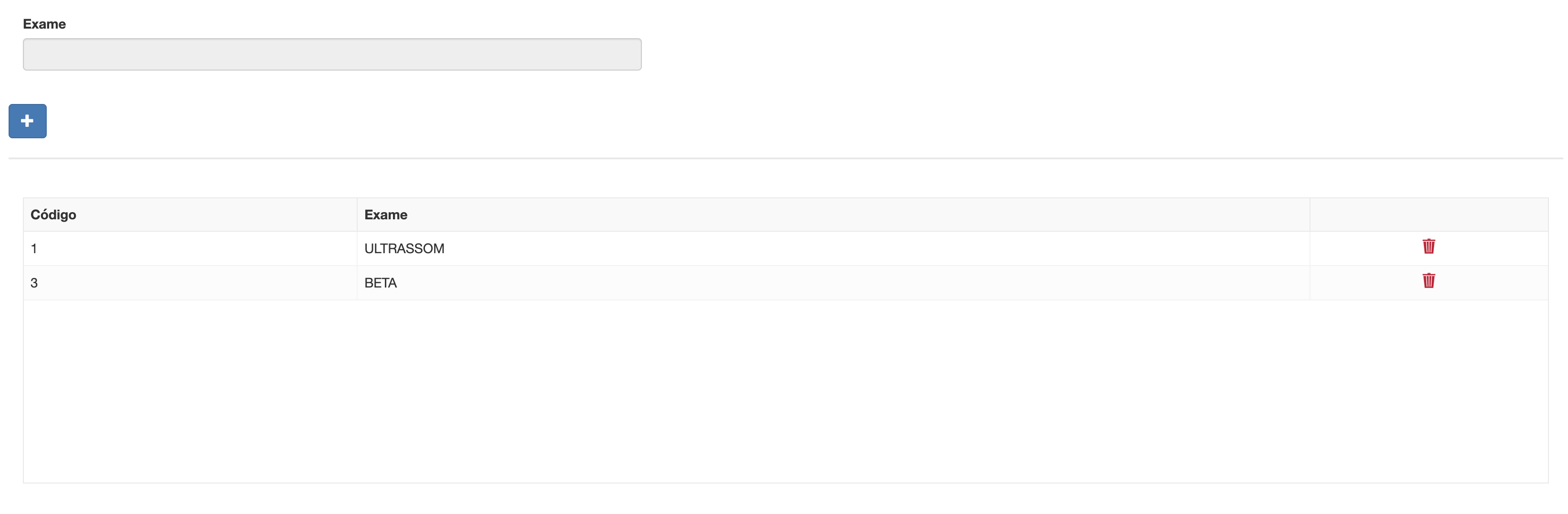 Tela de cadastro de exames
