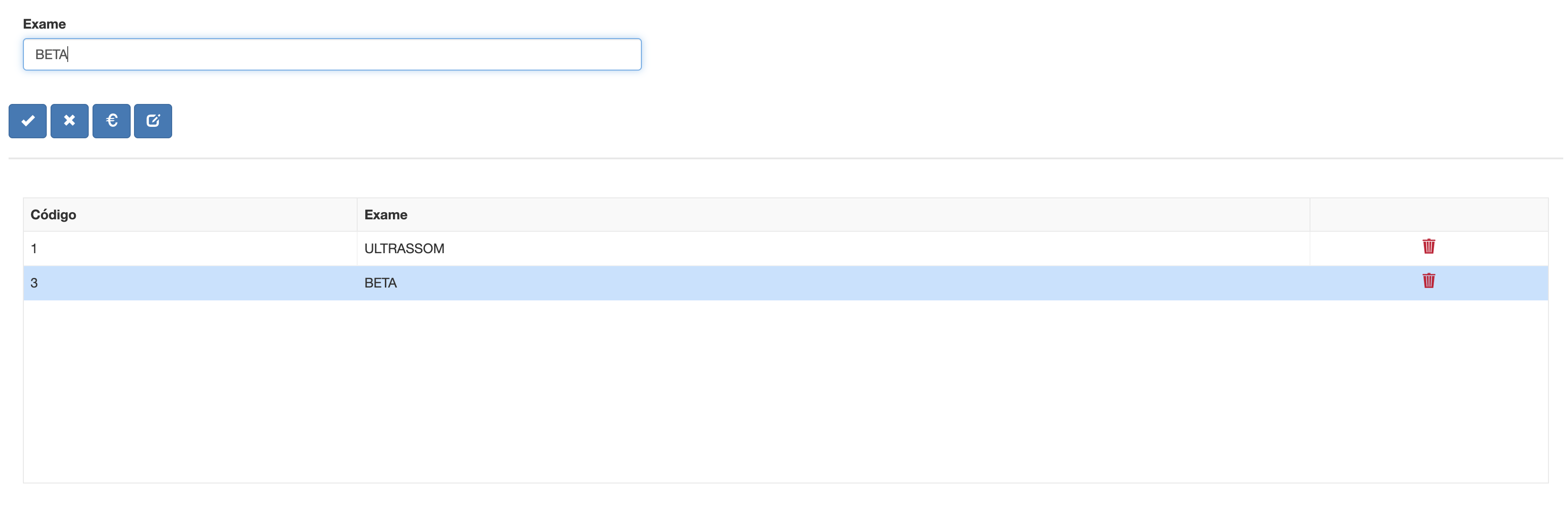 Tela de cadastro de exames